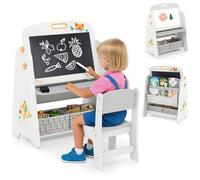 GOPLUS 4 en 1 Tableau Enfants avec Tabouret, Tableau Blanc/Noir Magnétique, 2 Bacs en Tissu Pliables & Étagère, Table Enfants d'Activité Mignonne pour Peinture, Jeux (Gris)