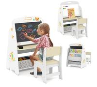 GOPLUS 4 en 1 Tableau Enfants avec Tabouret, Tableau Blanc/Noir Magnétique, 2 Bacs en Tissu Pliables & Étagère, Table Enfants d'Activité Mignonne pour Peinture, Jeux (Naturel)