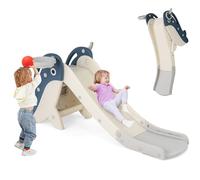 GOPLUS 4 en 1 Toboggan Enfant avec Panier de Basket, Échelle d'escalade, Jeu de Lancer d'Anneaux, Basketball, Toboggan Bebe Pliable Intérieur/Exterieur pour 3+ Ans, Charge 70 KG, Motif Baleine