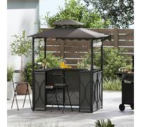 GOPLUS 4 Pcs Ensemble Salon de Bar, Abri Barbecue Jardin Exterieur avec Auvent Latéral, Table de Bar, 2 Tabourets Pliants, Crochet et 4 Rangées Porte-Verres (Gris|Auvent|Chaises)