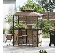 GOPLUS 4 Pcs Ensemble Salon de Bar, Abri Barbecue Jardin Exterieur avec Auvent Latéral, Table de Bar, 2 Tabourets Pliants, Crochet et 4 Rangées Porte-Verres (Café|Auvent|Chaises)