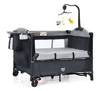 GOPLUS 5 en 1 Lit Bébé, Lit Parapluie Pliable et Portable avec Table à Langer, Fonction de Berceau, d'Enceinte d'Activités, Berceau Cododo Bébé Réglable en Hauteur avec Roues Mobiles, Jouets (Noir)