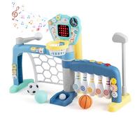 GOPLUS 5 en 1 Panier de Basket-Ball avec Cage de Foot Enfant,But de Football Interactif, Bowling, Baseball et Golf, avec Score LED, Horloge, Lumières et Sons pour Garçons & Filles de 1,5 Ans
