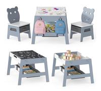 GOPLUS 5 en 1 Table Enfant avec Chaises, Bureau Enfant en Bois avec Tableau Noir Réversible, 3 Bacs de Rangement, 4 Crochets, Petite Table d'Activité pour Garon Fille 3-10 Ans (Gris)