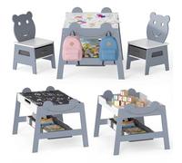 GOPLUS 5 en 1 Table Enfant avec Chaises, Bureau Enfant en Bois avec Tableau Noir Réversible, 3 Bacs de Rangement, 4 Crochets, Petite Table d'Activité pour Garon Fille 3-10 Ans (Gris Ours)