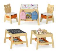 GOPLUS 5 en 1 Table Enfant avec Chaises, Bureau Enfant en Bois avec Tableau Noir Réversible, 3 Bacs de Rangement, 4 Crochets, Petite Table d'Activité pour Garon Fille 3-10 Ans (Naturel)