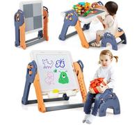 GOPLUS 6 en 1 Table Enfant3 Ans+ et Chaise-Tableau Enfant Pliable- Multi-Activités avec Tableau Double Blocs de Construction