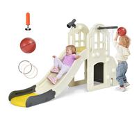 GOPLUS 6 en 1 Toboggan pour Enfants, avec Protection Haut, Pédale Détachable et Mur d’Escalade Pratique, Tunnel, Panier de Basket et Télescope Équipés