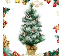 GOPLUS 60CM Sapin de Noël Artificiel Enneigé de Table, 34 Branches en PVC+14 Aiguilles de Pin, avec 8 Pommes de Pin, Base en Ciment Enveloppée de Toile de Jute, Décoration pour Fête de Noël, Vert