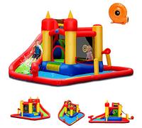 GOPLUS 7 en 1 Château Gonflable,Aire de Jeux Aquatique avec Zone de Saut de Mur d'escalade et Toboggan pour Fête de l'eau d’Eté des Enfants, Peut Accueillir Jusqu'à 5 Enfants (avec Souffleur)