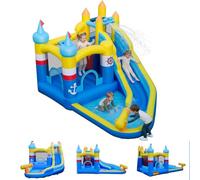 GOPLUS 7 en 1 Château Gonflable Exterieur Enfants 3-12 Ans, Aire de Jeux Gonflable avec Toboggan, Piscine, Trampoline, Mur Escalade, Canon Eau sans Souffleur,Charge 90KG (Pirate Bleu)