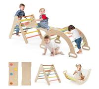 GOPLUS 7 en 1 Triangle Arche Montessori avec Coussin, Arche d'escalade Enfants avec Toboggan Bois,Rampe, Échelle Réglable, Charge 50KG, pour Tout-Petits Bébé 1 Ans+ (7 en 1 + Coussin,Pastel)
