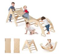 GOPLUS 7 en 1 Triangle Arche Montessori avec Coussin, Arche d'escalade Enfants avec Toboggan Bois,Rampe, Échelle Réglable, Charge 50KG, pour Tout-Petits Bébé 1 Ans+ (7 en 1 + Coussin,Naturel)