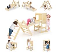 GOPLUS 7 en 1 Triangle d'escalade Montesorri Enfants Pliable avec Double Rampe, Escabeau Convertible&Tableau Noir, Table & Chaise,Tour d'Apprendissage,pour 3-14 Ans (Naturel)