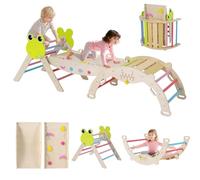 GOPLUS 7 en 1 Triangle Escalade Montesorri pour Enfants 1 Ans+, Parcours Montesorri Bebe Bois Pliable avec Arche, Rampe, Corde&Échelle, Pont, Aire de Jeux Intérieur (Grenouille|7 en 1,Coloré)