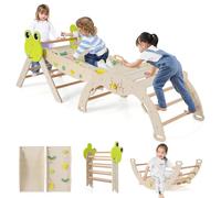 GOPLUS 7 en 1 Triangle Escalade Montesorri pour Enfants 1 Ans+, Parcours Montesorri Bebe Bois Pliable avec Arche, Rampe, Corde&Échelle, Pont, Aire de Jeux Intérieur (Grenouille|7 en 1,Naturel)