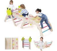 GOPLUS 7 en 1 Triangle Escalade Montesorri pour Enfants 1 Ans+, Parcours Montesorri Bebe Bois Pliable avec Arche, Rampe, Corde&Échelle, Pont, Aire de Jeux Intérieur (Grenouille|7 en 1,Multicolore)
