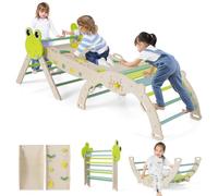 GOPLUS 7 en 1 Triangle Escalade Montesorri pour Enfants 1 Ans+, Parcours Montesorri Bebe Bois Pliable avec Arche, Rampe, Corde&Échelle, Pont, Aire de Jeux Intérieur (Grenouille|7 en 1,Vert)