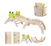 GOPLUS 7 en 1 Triangle Escalade Montessori pour Enfants 1 Ans+, Parcours Montessori Bebe Bois Pliable avec Arche, Rampe, Corde&Échelle, Pont, Aire de Jeux Intérieur (Grenouille|7 en 1,Bois Naturel)