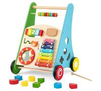 GOPLUS 7 en 1 Trotteur Bébé Fille Garcon, Chariot de Marche Bebe en Bois avec Miroir, Xylophone, Blocs à Bascule, Jouet Marcheur d'Apprentissage Assis-Debout, pour Tout-Petits 12+ Mois (Multicolore)