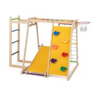 GOPLUS 8 en 1 Escalade Enfants Montessori, Structure Escalade avec Toboggan, Balançoire, Barres à Singe, Panier Basket, Mur, Filet, Échelle, Jouet Montessori pour Enfants 1 an + (Multicolore,Panier)