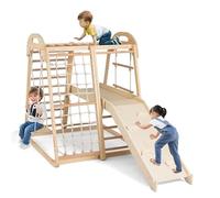 GOPLUS 8 en 1 Escalade Enfants Montessori, Triangle Escalade avec Balançoire, Barres de Singe,Corde,Plateforme, Échelle d'escalade et Filet, Structure Jeux Intérieur pour 3-5 Ans (Naturel,Pont)
