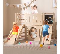 GOPLUS 8 en 1 Toboggan Interieu Enfants en Bois, Aire de Jeux Montessori avec Échelle, Tableau Noir, Escalade, Tunnel, Recoin Secret, Couloir, Espace de Rangement, Parcours Motricité 3+ Ans