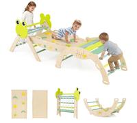 GOPLUS 8 en 1 Triangle Escalade Montesorri pour Enfants 1 Ans+, Parcours Montesorri Bebe Bois Pliable avec Arche, Rampe, Corde&Échelle, Pont, Aire de Jeux Intérieur (Grenouille|8 en 1,Fillet+Echelle)