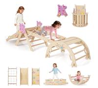 GOPLUS 9 en 1 Triangle Escalade Montesorri pour Enfants 1 Ans+, Parcours Montesorri Bebe Bois Pliable avec Arche, Rampe, Corde&Échelle, Pont, Aire de Jeux Intérieur (Licorne|9 en 1,Naturel)