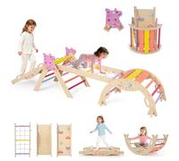 GOPLUS 9 en 1 Triangle Escalade Montesorri pour Enfants 1 Ans+, Parcours Montesorri Bebe Bois Pliable avec Arche, Rampe, Corde&Échelle, Pont, Aire de Jeux Intérieur (Licorne|9 en 1,Multicolore)