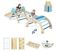 GOPLUS 9 en 1 Triangle Escalade Montesorri pour Enfants 1 Ans+, Parcours Montesorri Bebe Bois Pliable avec Arche, Rampe, Corde&Échelle, Pont, Aire de Jeux Intérieur (Astre|9 en 1,Bleu)