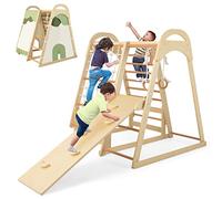 GOPLUS Aire de Jeu Enfants Montessori en Bois avec Échelle à Grimper, Triangle d’Escalade avec Toboggan & Balançoire,Charge 240kg pour Enfants 1 an+ (Bois Naturel, Cache-Cache)
