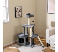 GOPLUS Arbre à Chat 117CM, Arbre a Chat avec Lit Supérieur, Boule Suspendue, Poteau & Rampe à Gratter, Cabine de Repos, 3 Plateformes, Tissu en Lin & Mousse, Gris (117cm)