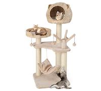 GOPLUS Arbre à Chat 121 CM en Tige de Massette, 4 Niveaux, avec Plateformes, Niche, Poteaux en Sisal, Coussin Souple, Boules et Hamac Suspendues pour Chats et Chatons, Marron et Beige