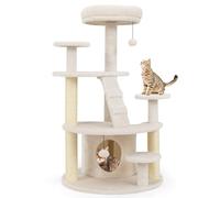 GOPLUS Arbre a Chat à Plusieurs Niveaux, Arbre à Chat avec Surface en Peluche, Niche Confortable, Poteau en Jute, Escalier, Balle Suspendue, Plateforme, Lit Supérieur, Idéal pour d’Intérieur (Blanc)