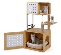 GOPLUS Arbre a Chat avec Meuble Litiere Chat, Hauteur 117CM, avec Grande Plateforme, Station d’Alimentation, Cache Litiere, Hamac, Poteaux à Griffer en Sisal, 2 Tapis Lavables, Condo, Balle Suspendu