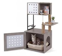 GOPLUS Arbre a Chat avec Meuble Litiere Chat, Hauteur 117CM, avec Grande Plateforme, Station d’Alimentation, Cache Litiere, Hamac, Poteaux à Griffer en Sisal, 2 Tapis Lavables, Condo, Balle Suspendu