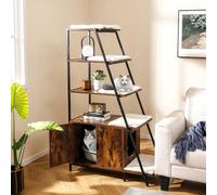 GOPLUS Arbre à Chat Bibliothèque avec Meuble Litière Chat, 5 Niveaux Cadre Métallique, 5 Coussins Lavables, kit Anti-basculement, Armoire pour Toilette Cachée, 92,5x49x149cm (Marron)