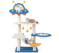 GOPLUS Arbre à Chat Design Univers Cosmique, Plateforme en Forme de Soucoupe Volante et Nid en Forme de Fusée, Griffoir avec 2 Balles à Ressort, Arbre pour Chats avec Colonnes en Sisal (124cm)