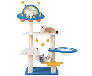 GOPLUS Arbre à Chat Design Univers Cosmique, Plateforme en Forme de Soucoupe Volante et Nid en Forme de Fusée, Griffoir avec 2 Balles à Ressort, Arbre pour Chats avec Colonnes en Sisal (124cm)