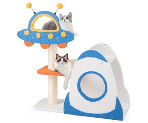 GOPLUS Arbre à Chat Design Univers Cosmique, Plateforme en Forme de Soucoupe Volante et Nid en Forme de Fusée, Griffoir avec 2 Balles à Ressort, Arbre pour Chats avec Colonnes en Sisal (87cm)
