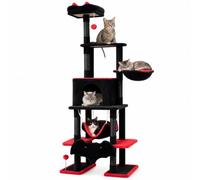 GOPLUS Arbre à Chat Multi-Niveaux Hauteur 178CM, Noir et Rouge | Arbre à Chat Gothique, avec Dispositif Anti-Basculement, Niches, 2 Pompons, Perchoir, Hamac, Plateforme, Poteaux à Sisal