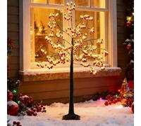 GOPLUS Arbre Lumineux de 150 CM avec 480 Lumières LED Blanc Chaud, Sapin de Noel avec 384 Baie Rouge, Décoration de Noël Interieur pour Salon, Entrée, Couloir