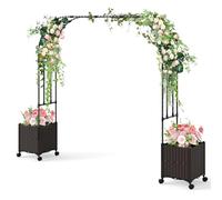 GOPLUS Arche de Jardin avec 2 Jardinières Surélevées, Roues Verrouillables, Jardinières avec Treillis Arqué pour Plantes Grimpantes Fleurs Herbes Légumes Fruits (288x40x202CM,Noir Foncé)