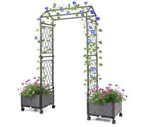 GOPLUS Arche de Jardin avec Bacs à Plante, 2 en 1 Jardinières Auto-Arrosants avec Treillis roulettes,Toit Suspendu Trous Drainage, Pergola Jardin pour Plantes Grimpantes, Légumes (Gris,154x40x163CM)