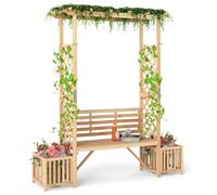 GOPLUS Arche de Jardin avec Banc & 2 Bacs Jardinières, Treillis en Bois pour Plantes Grimpantes & Vignes, Pergola Extérieure pour 2 Personnes, Décoration pour Véranda, Patio Pelouse