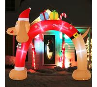 GOPLUS Arche de Noël Gonflable Géante 242 x 80 x 300 CM, Arche avec Teckel et Boîtes Cadeaux, Décoration Noel Gonflable avec Lumières LED, Souffleur Intégrée, Cordes et Piquets, pour Fête, Jardin