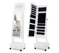 GOPLUS Armoire à Bijoux à Roulettes, Armoire a Bijoux avec Miroir sur Pied avec Lumières LED, 3 Angles Réglables, Organisateur de Bijoux Verrouillable avec Grand Espace de Rangement (Blanc)
