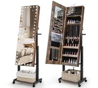 GOPLUS Armoire à Bijoux à Roulettes avec LED 3 Couleur, 2 Hauteur et 3 Angle Réglable, Intelligent Tactile, Armoire a Bijoux avec Miroir sur Pied avec Porte-manteau, Rangement, Miroir Intégré (Marron)