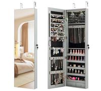 GOPLUS Armoire à Bijoux avec Miroir, Armoire a Bijoux Murale avec Éclairage LED, 2 Tiroirs, Fixer au Mur ou à Suspendre sur Porte, pour Ranger Boucles d'Oreilles et Colliers (Gris)